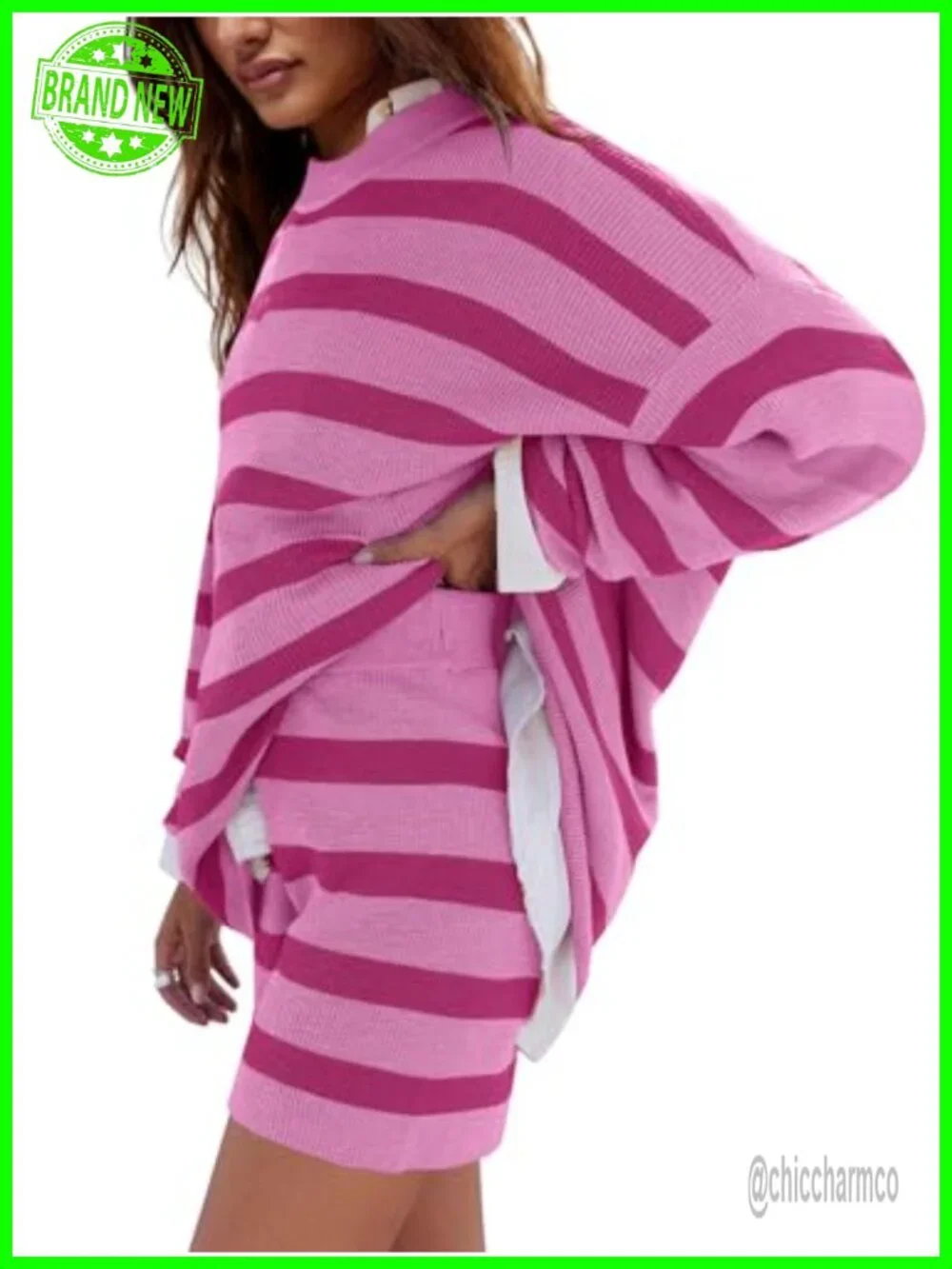 Oversized Lounge Set 2 Piece Striped Matching Pajama Set Long Sleeve Sweater Set